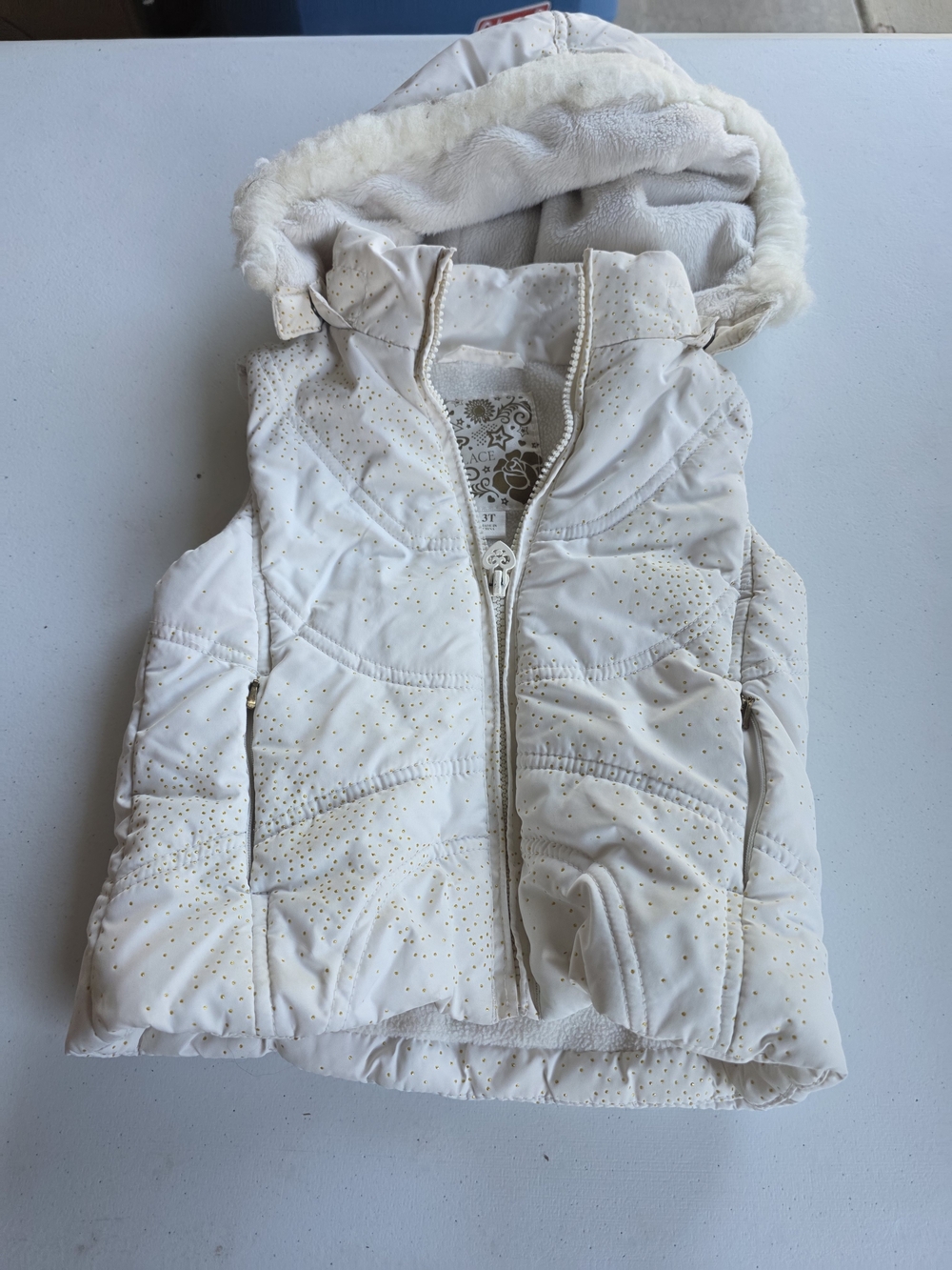 Place Cream Hooded Puffer Vest with Gold Dot Detail